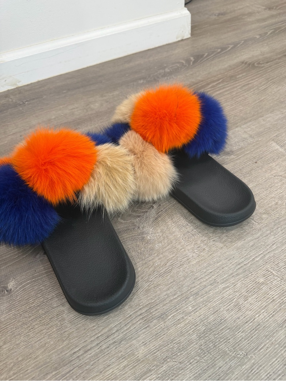Faux-Fur Pom Slide Sandals in Orange, Blue & Tan